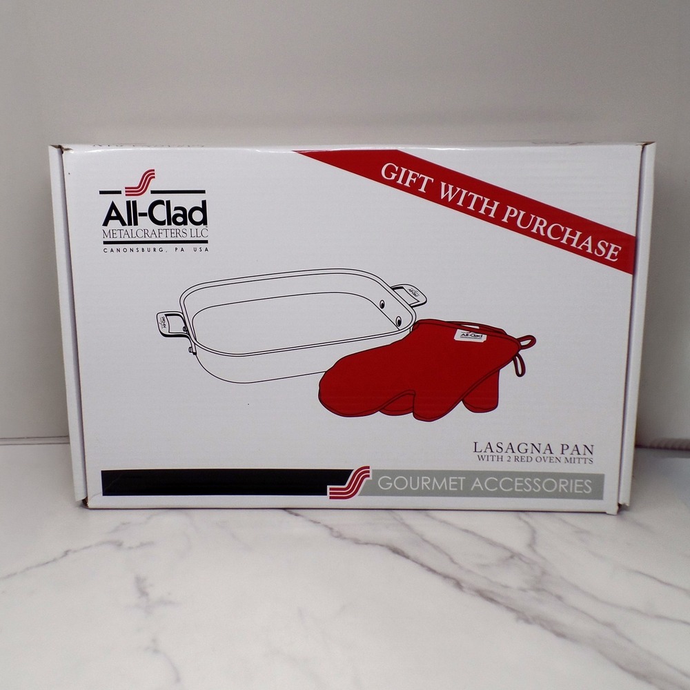 All-Clad Stainless Steel Lasagna Pan & 2 Red Oven Mitts Gift Set, NIB